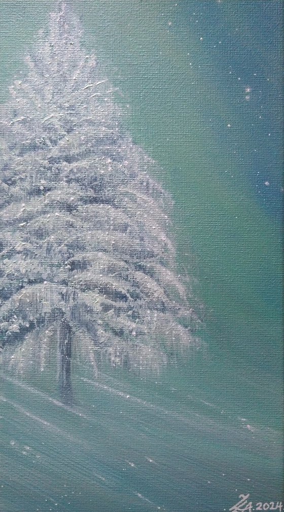 "Frozen". Frozen tree/ northern lights painting by Zoe Adams.