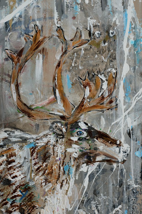 THE REINDEER CALL - Reindeer winter landscape - 80 x 100 cm - Oswin Gesselli Painting