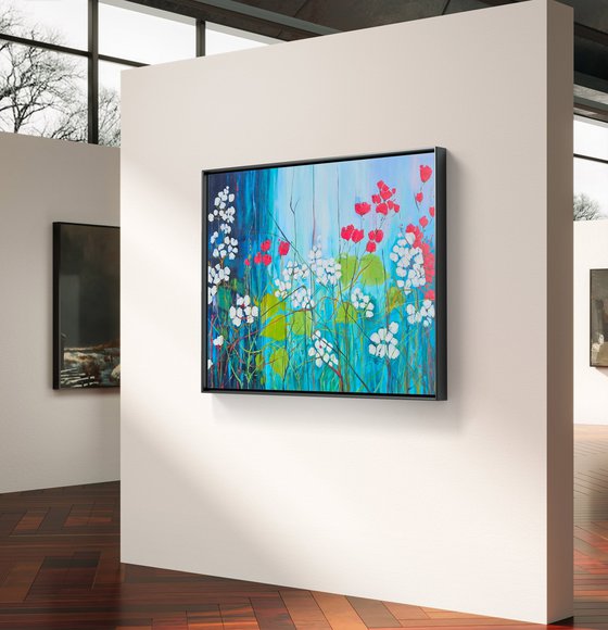Red field poppies, blue red white abstraction