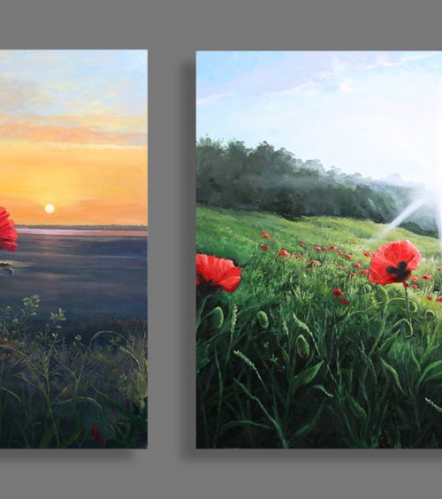 Poppies. Suset. 80x80 cm. &  Poppies. 100x80 cm. by Linar Ganeev