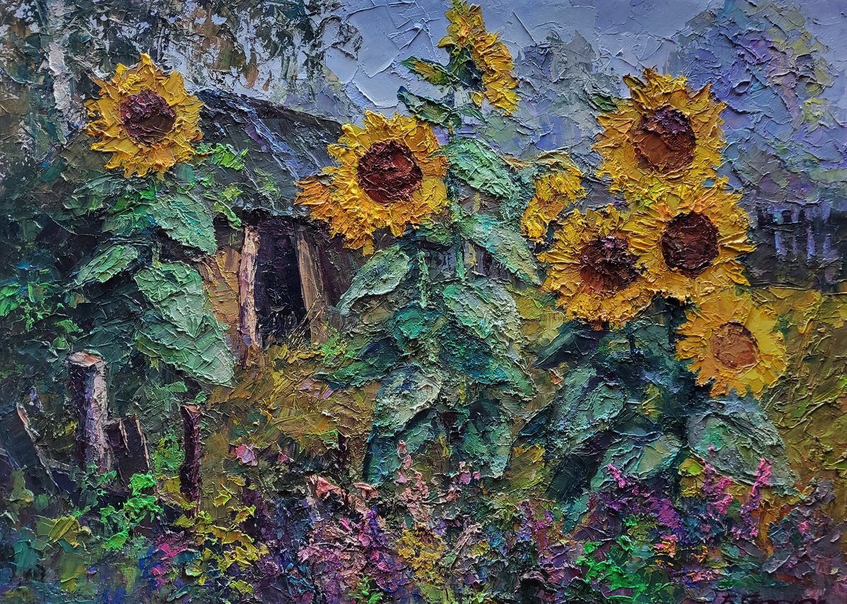 Impressionistic Landscape Oil Painting By Boris Serdyuk, 28 X 20, Sunflowers In The Garden, Original Artwork