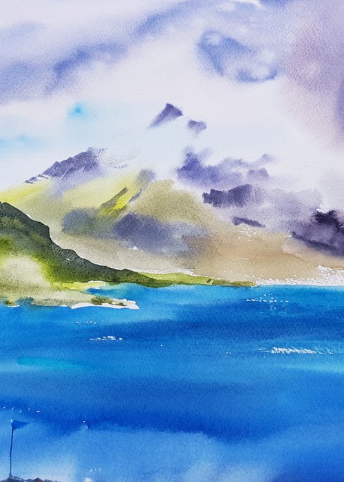 Watercolor landscape. Fjorda in Iceland. by Mariana Briukhanova