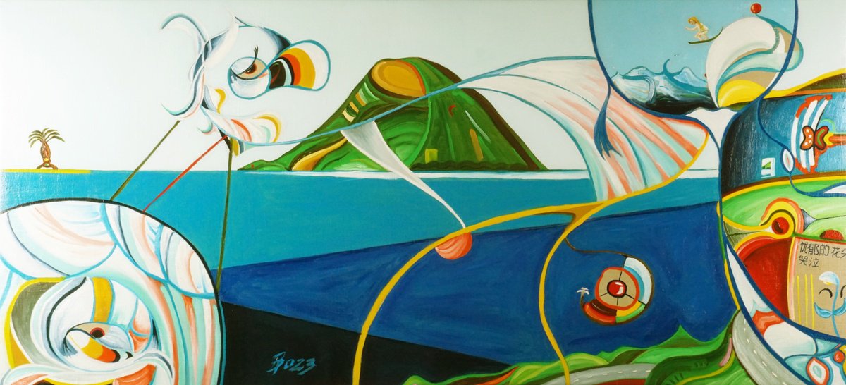 Expressive Landscape Oil Painting By Paolo Borile, 41 X 19", A Surfer Riding Waves At Kauai Beach, Original Artwork