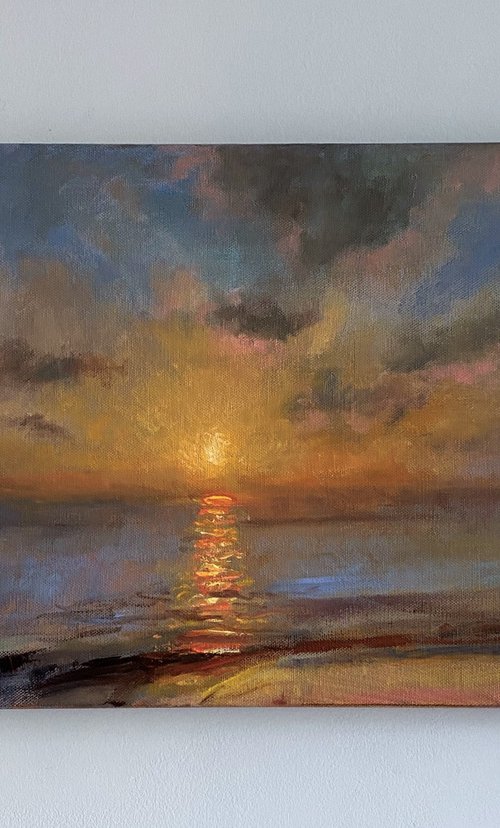 Evening Sunset over The Sea. Original Oil Painting on canvas ready to hang. by Jackie Smith