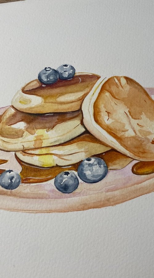 Pancakes and blueberries watercolour painting by Bethany Taylor