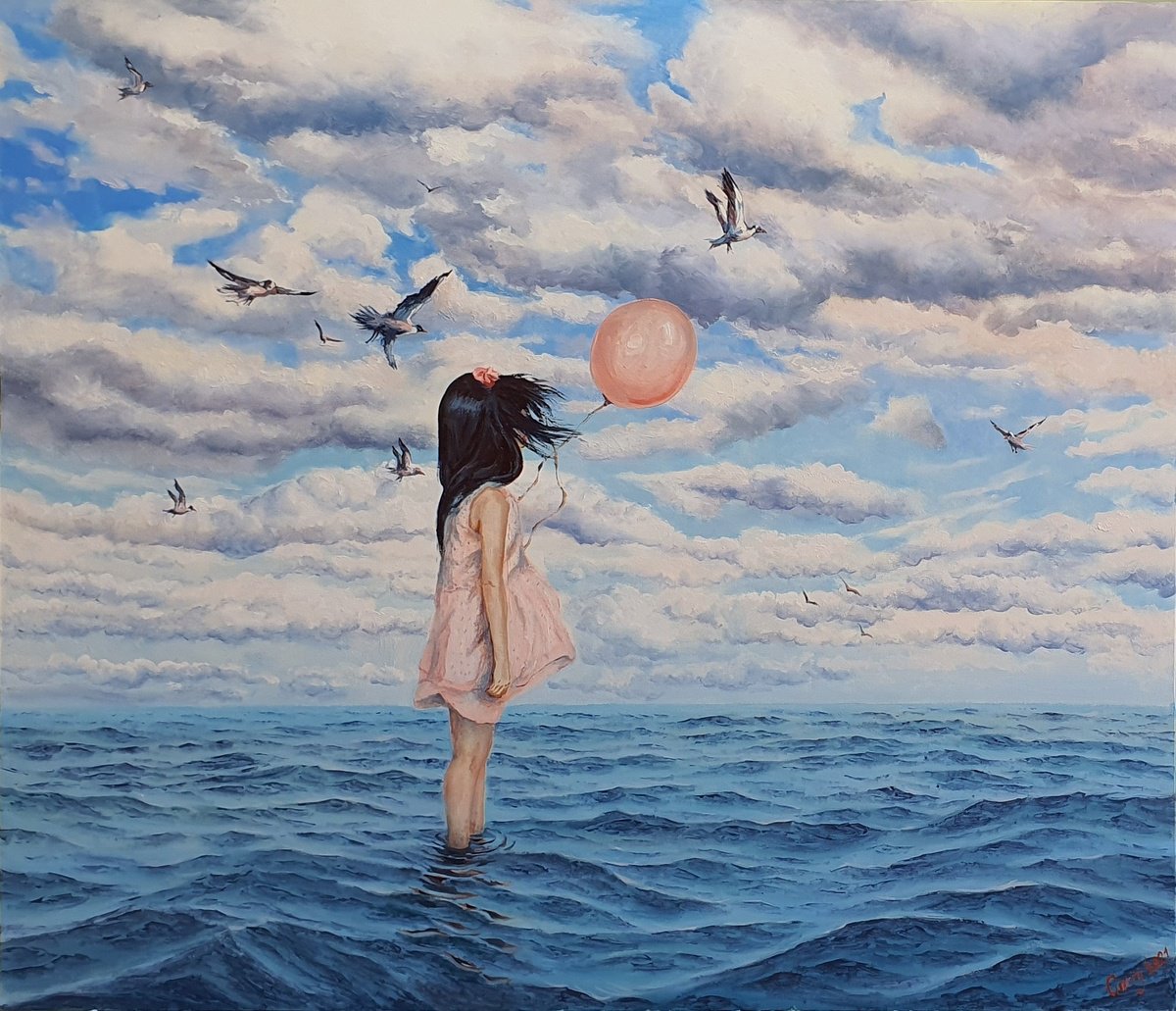 Surrealistic Landscape Oil Painting By Garry Arzumanyan, 28 X 24, White Door 01, Original Artwork