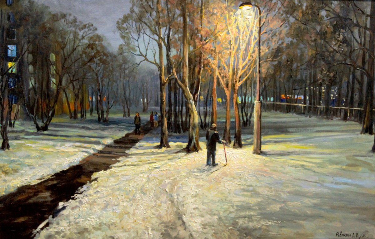 Night, street, lamp, drugstore. Awarded internationally painting by Dmitry Revyakin