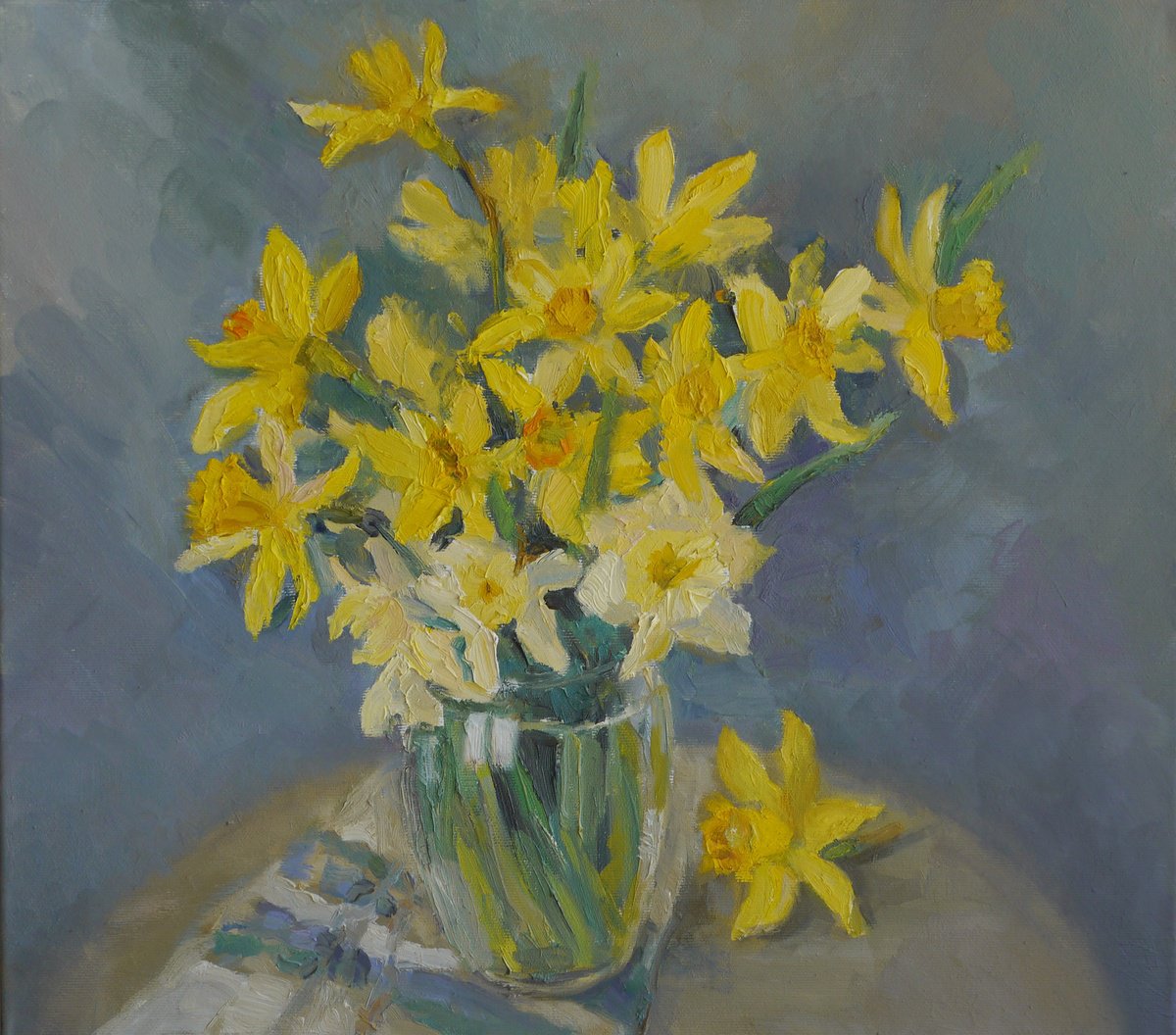 Impressionistic Still Life Oil Painting By Elena Lykhodid, 18 X 16, Daffodils, Original Artwork
