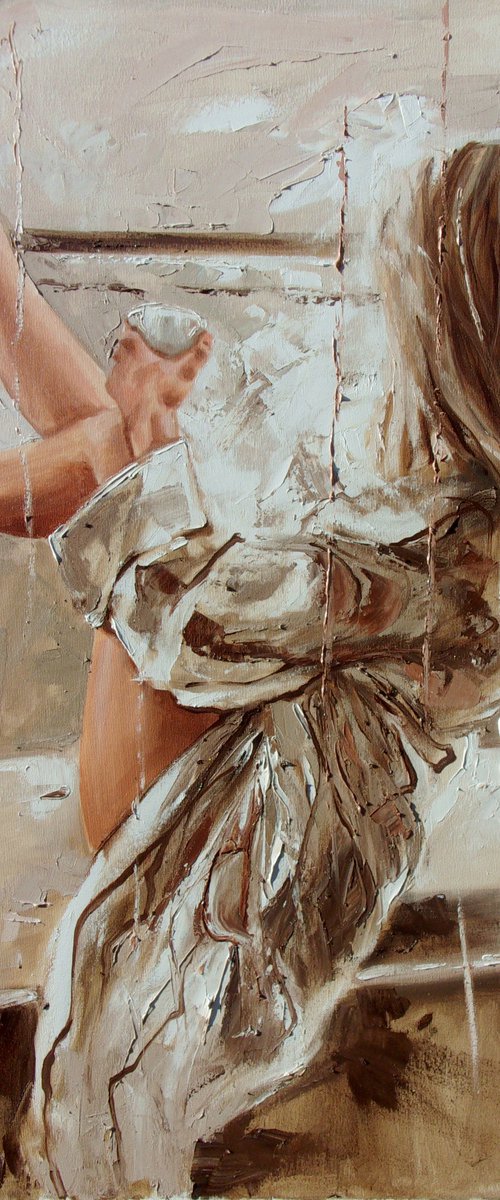 " BEST COFFEE IN ... "-   liGHt  ORIGINAL OIL PAINTING, GIFT, PALETTE KNIFE nude WINDOW by Monika Luniak