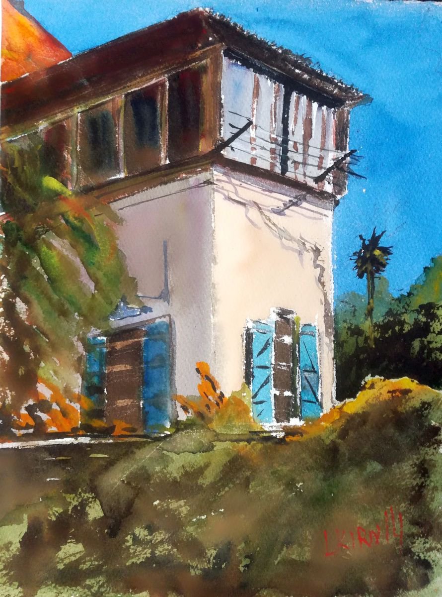 Impressionistic Cityscapes Watercolour By Leonid Kirnus, 10 X 13", The Outbuilding, Original Artwork
