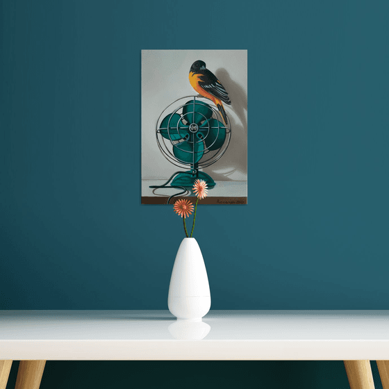 Still life with bird and fan (24x35cm, oil painting, ready to hang)