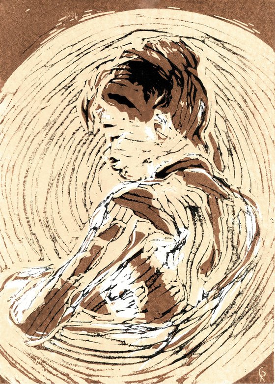 Junges Mädchen mit nackten Schultern  - Linoprint inspired by Berthe Morisot