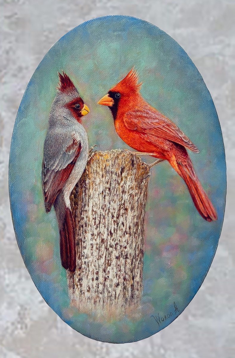 Animal Oil Painting By Anastasia Woron, 8 X 12, Birds. I Love You!., Original Artwork