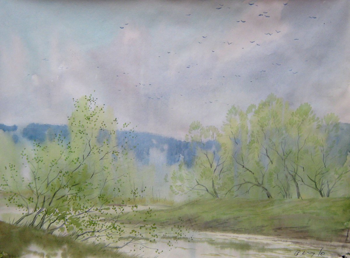 Impressionistic Landscape Watercolour By Valeriy Savenets-1, 16 X 12", April Tenderness, Original Artwork