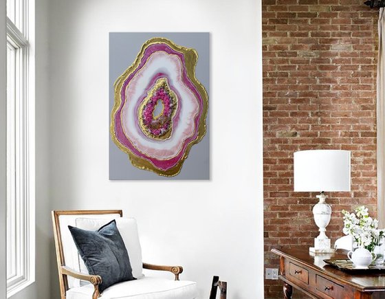 57x39cm. /Agate pink geode. Marble Art. Geode wall art, Gold, Pearl,Pink,  geode wall art Resin painting