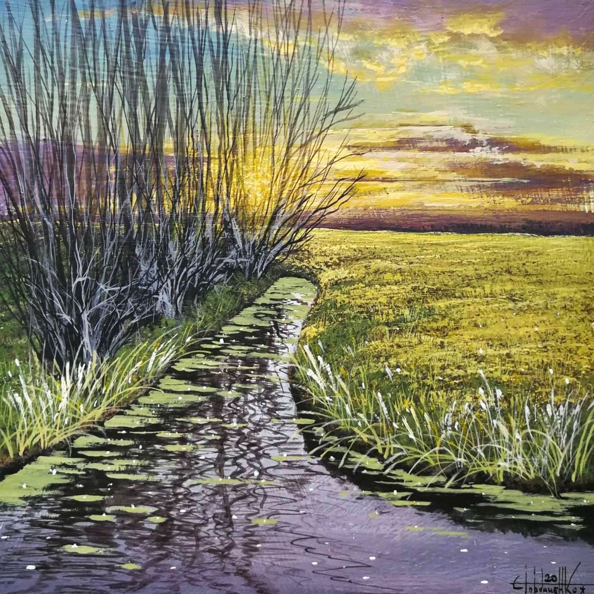 Photorealistic Landscape Acrylic Painting By Eugene Gorbachenko, 12 X 12, Summer Sunset Acrylic On Panel 30X30Cm, Artfinder