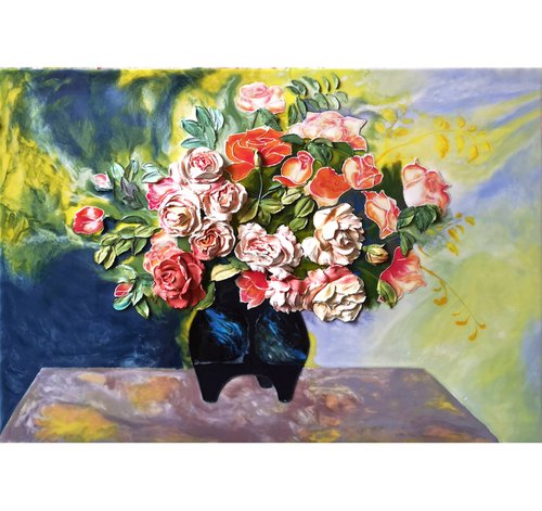 Renoir roses - are beautiful flowers that have turned from a painting into a bas-relief, 100x70x6 cm deep. by Irina Stepanova