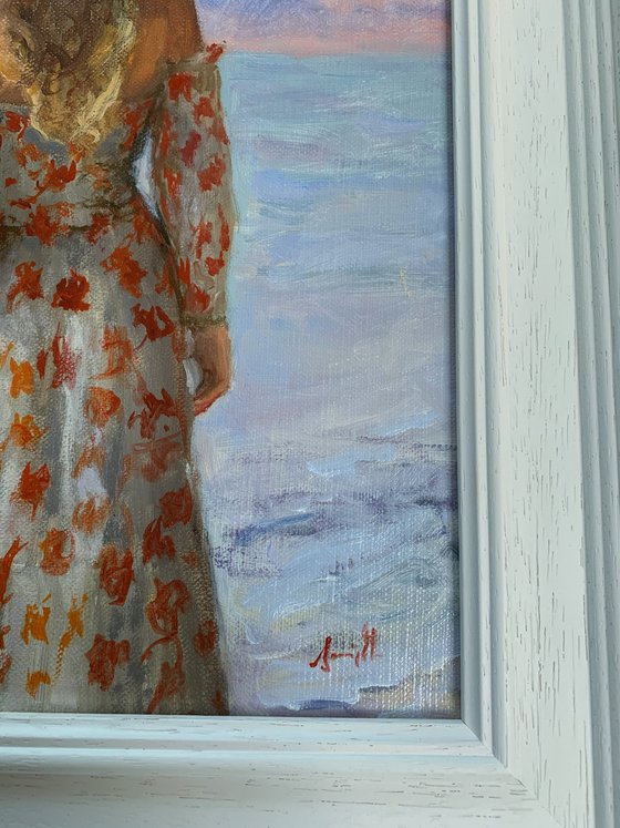 Impressionist beach female figure oil painting. 30x40cm