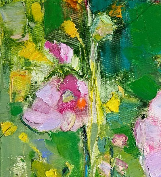 Mallow Ukrainian flower . Emerald green and Pink . Moments of beauty . Original oil painting