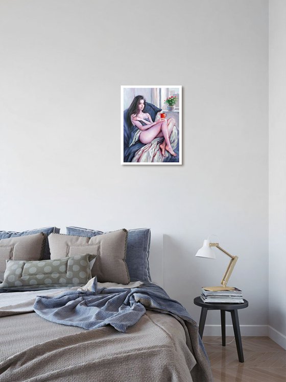 TENDER MORNING - Captivating Beauty and Morning Bliss: Original Oil Painting of a Serene Girl Enjoys Coffee by the Window