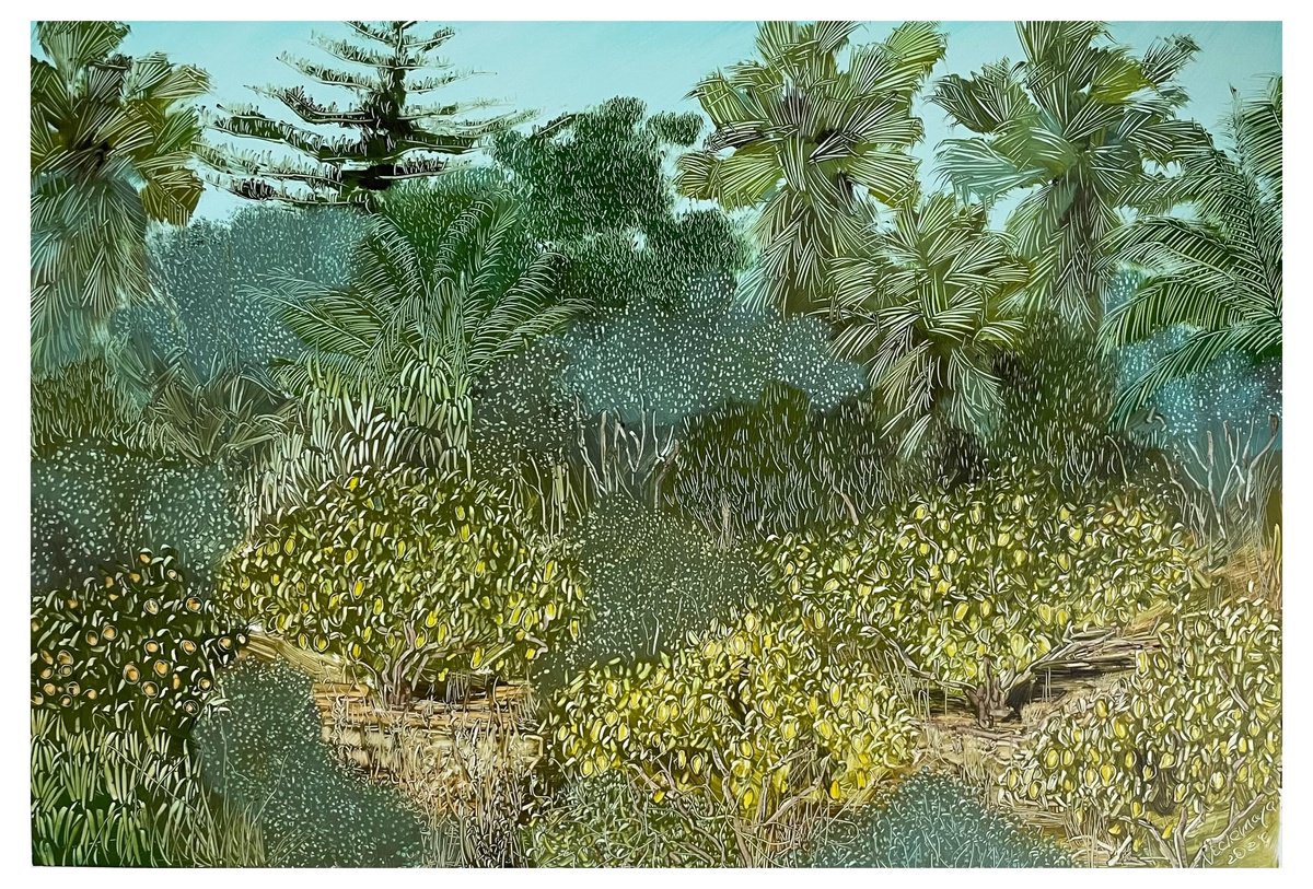 Naive Landscape Oil Painting By Maija Nochevnaya, 20 X 14", Citrus Garden, Original Artwork