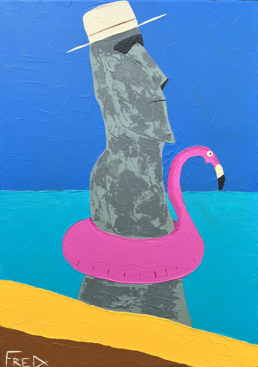 Naive Portrait Acrylic Painting By Cadiou Frederic, 13 X 18, Flamingo Moai, Original Artwork