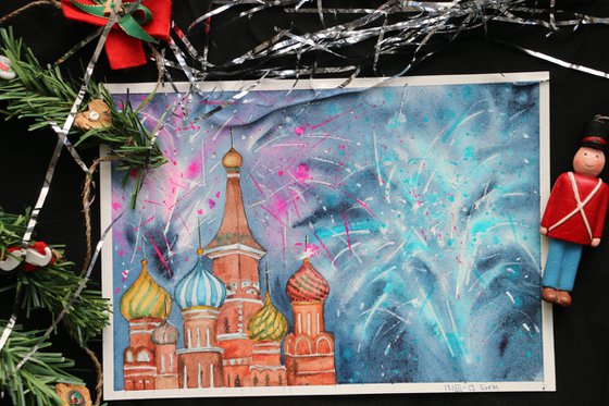 Festive fireworks in Moscow. New year's night. Original watercolor artwork.