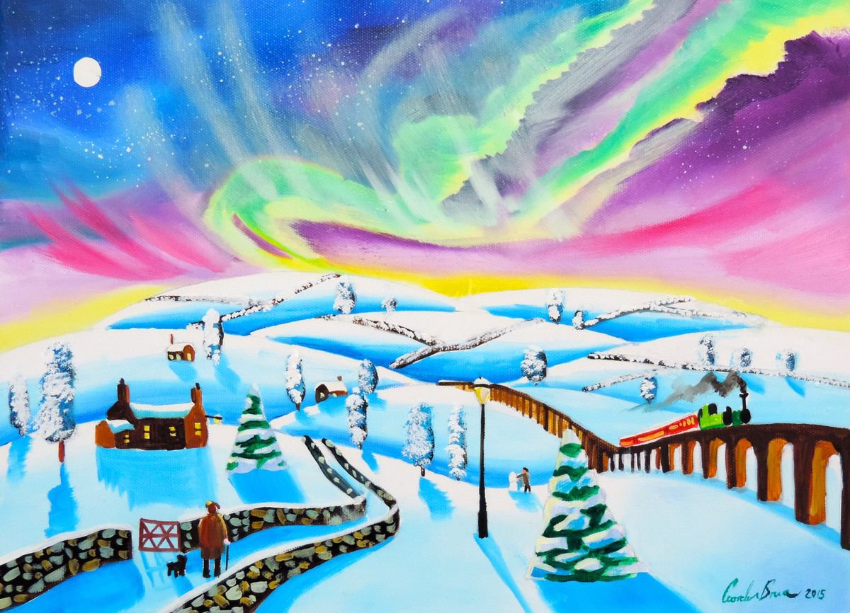 Зима детские рисунки Северное сияние