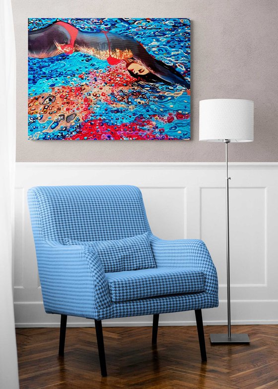 Woman under water in the swimming pool, sea, ocean with blue color waves with bright sun glares. Impressionistic artwork. Original painting wall art home decor. Art Gift