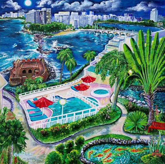 San Geronimo, Condado and Santurce view from Caribe Hilton garden, San Juan, Puerto Rico