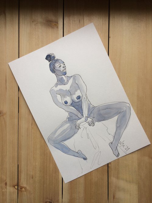 Female nude drawing - Seated nude woman watercolor - Figure study mixed media (2021) by Olga Ivanova