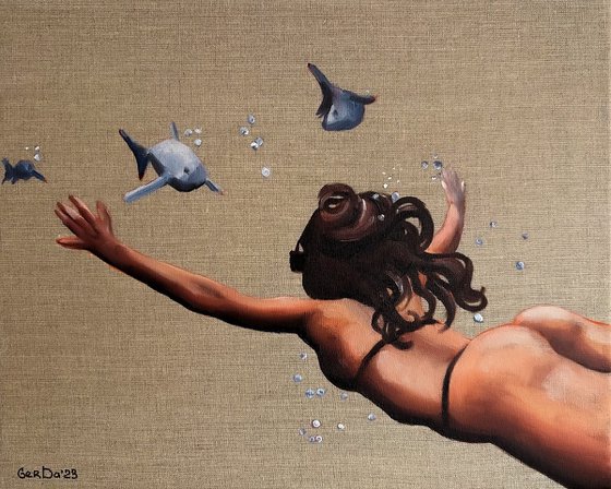 Swimming with Fishes - Woman Underwater Snorkeling Painting