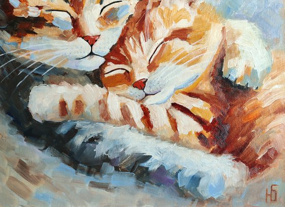 Sleeping Cats Couple Oil Painting