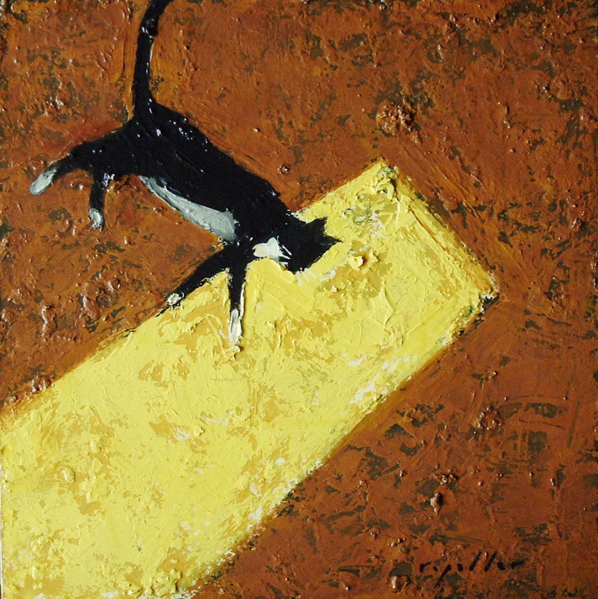 Urban And Pop Animal Oil Painting By Rick Paller, 8 X 8", Happy Cat Asleep In The Sun, Original Artwork