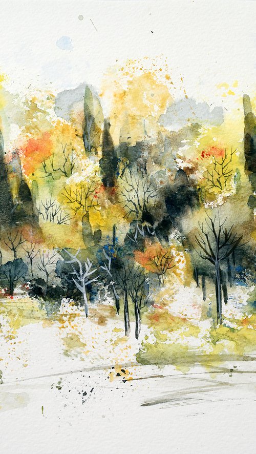 Summer trees - original watercolor and ink painting by Aniko Hencz