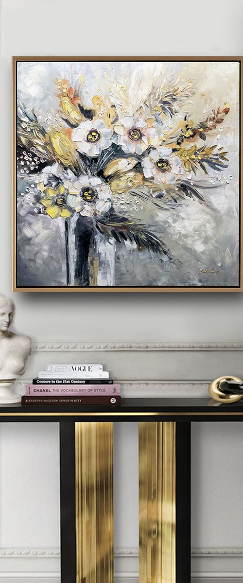 Flowers Oil Painting - Touch of Gold - Abstract Textured Palette knife by Lana Guise