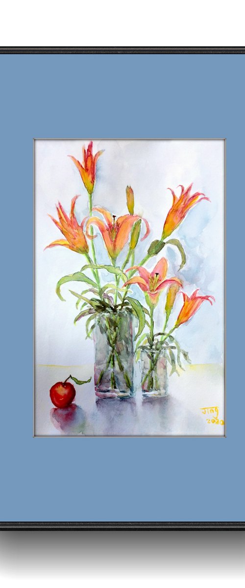 Lilies in vases with fruit by Jing Tian