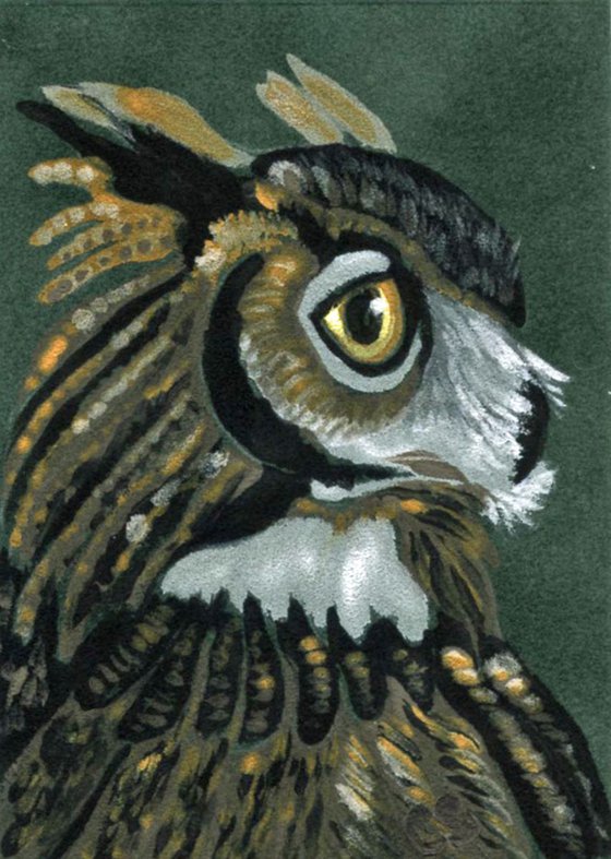 ACEO ATC Original Suede Painting Great Horned Owl Bird Wildlife Art-Carla Smale