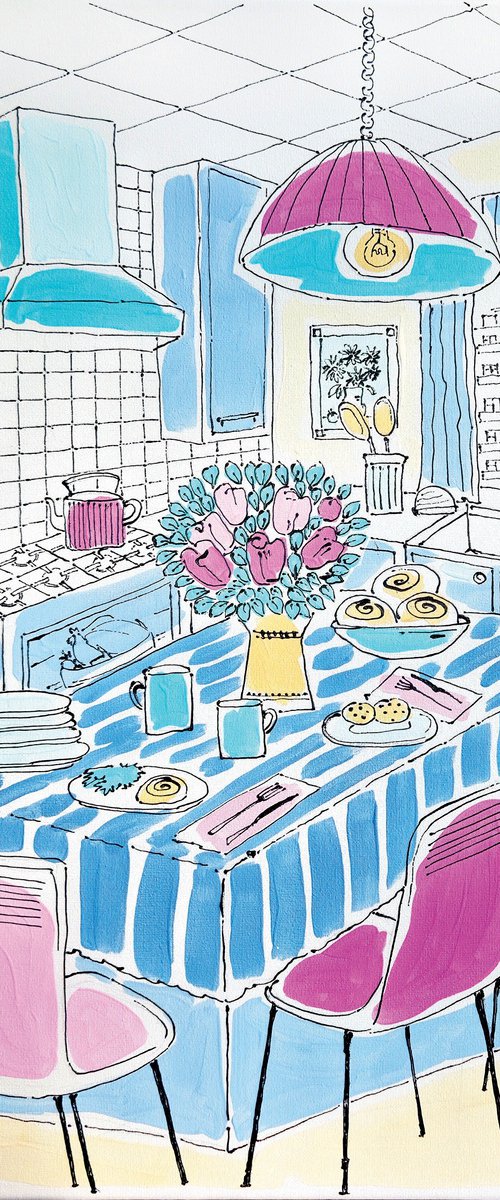 Colorful Mid-Century Kitchen Painting by Yanina Tuyman