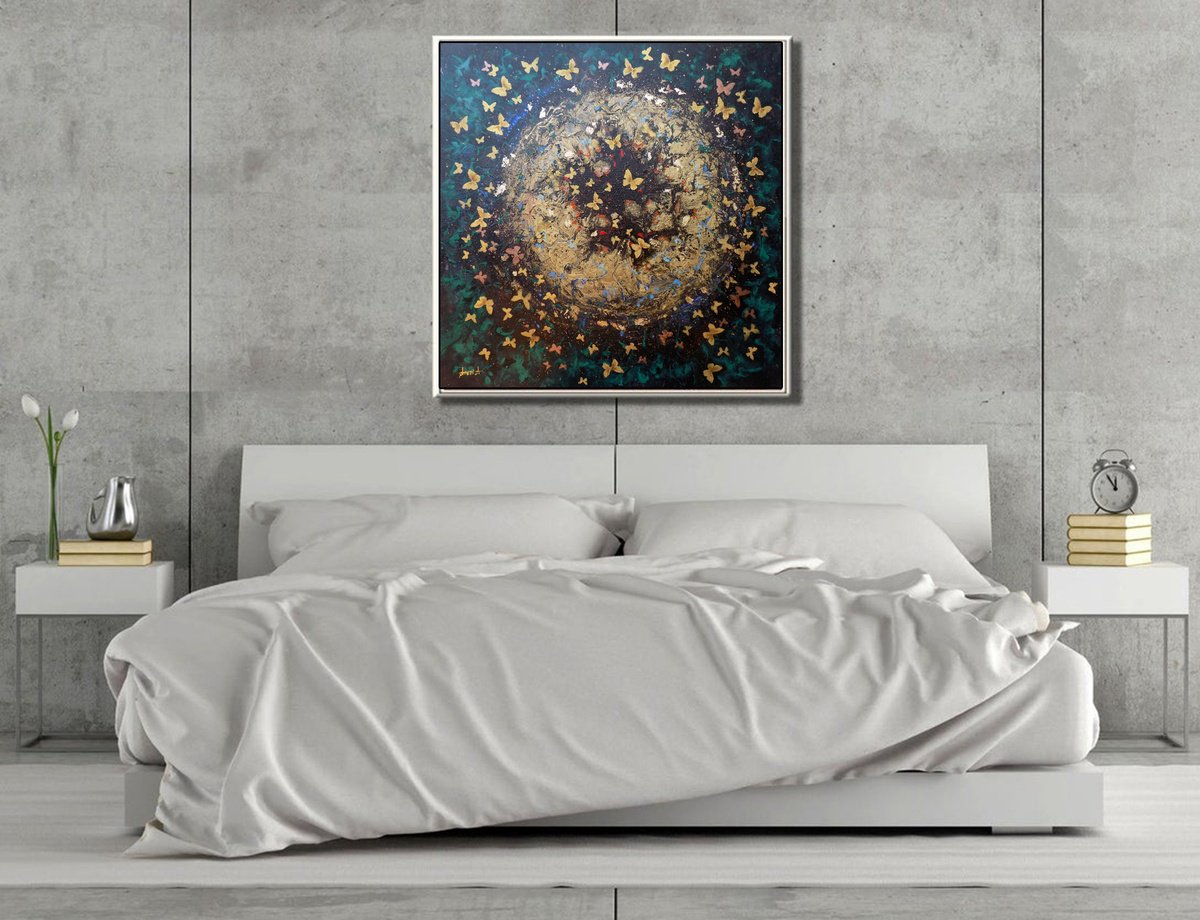 Expressive Abstract Painting By Areti Ampi, 28 X 28, Butterflies, Original Artwork