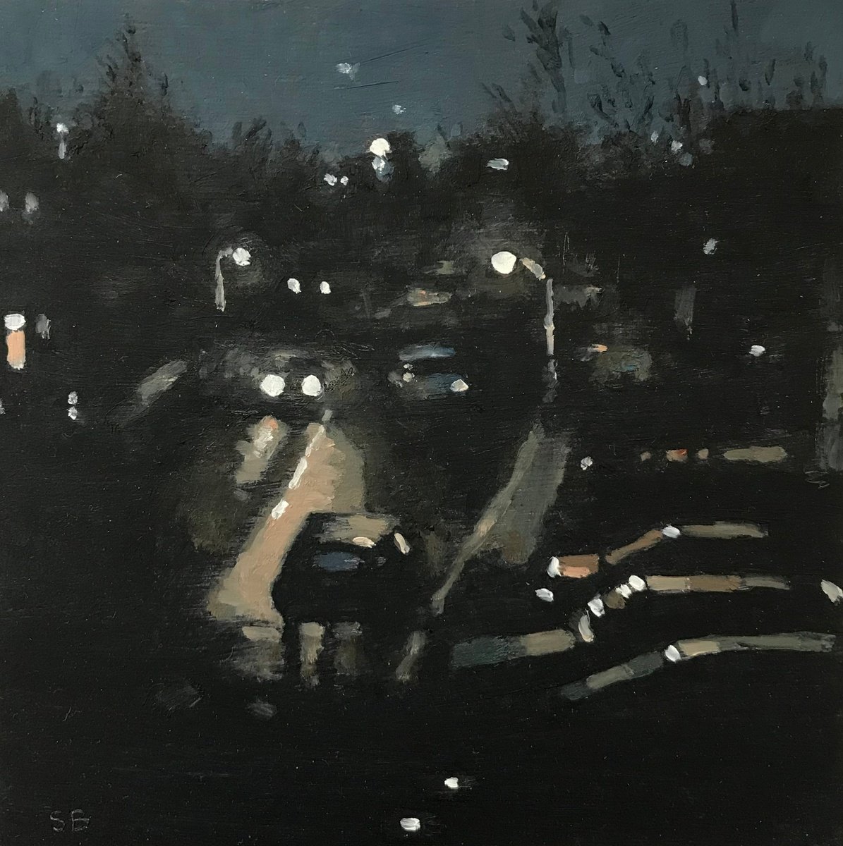 Impressionistic Cityscapes Oil Painting By Stephen Brook, 8 X 8", Urban Street Nocturnal., Original Artwork