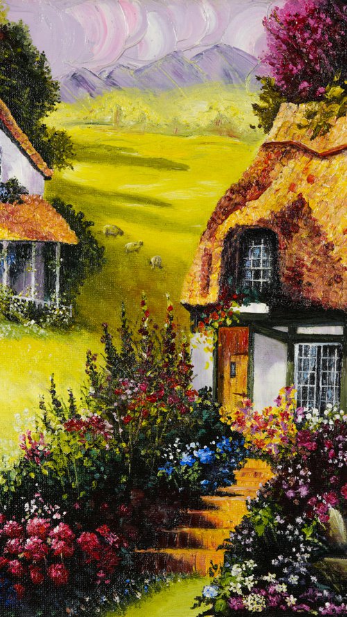 VILLAGE IN THE MOUNTAINS - Provincial views. Mountain village. Country style. Small houses in mountains. Green meadow. Flowers. Summer. Sheeps. by Marina Skromova