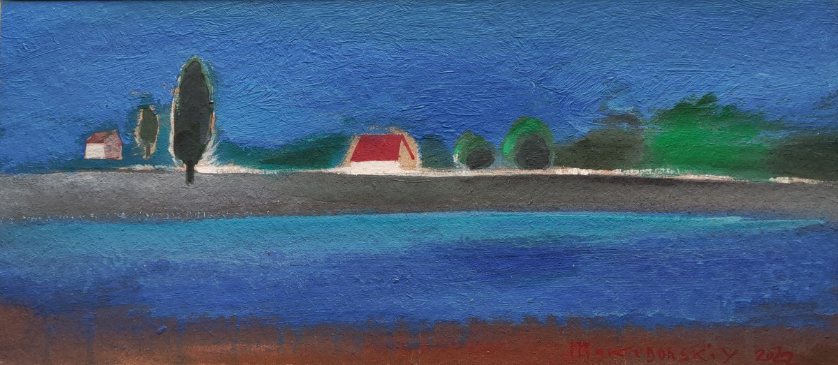 Impressionistic Landscape Acrylic Painting By Pavlo Makedonskyi, 17 X 7", Night (1), Original Artwork