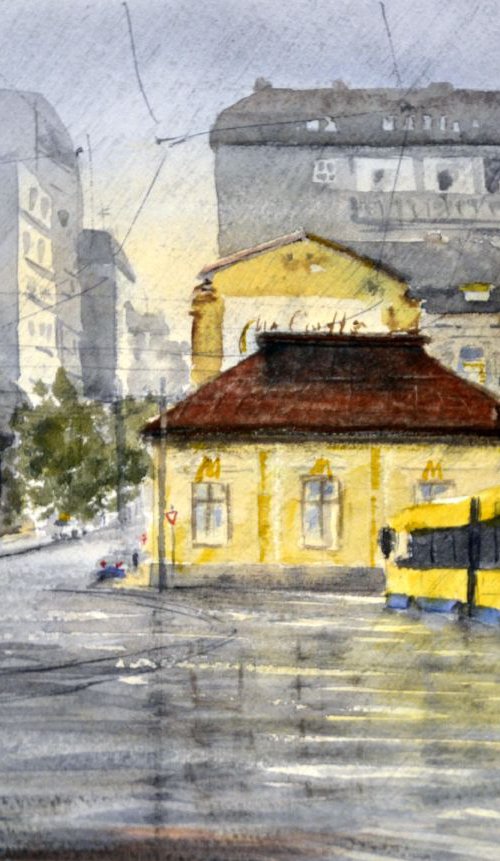Rain on Slavija square - original watercolor painting by Nenad Kojić by Nenad Kojić watercolorist