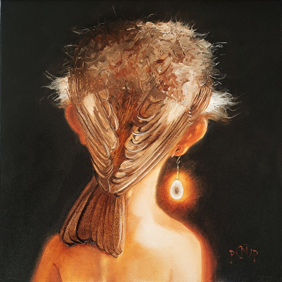 Surrealistic Animal Oil Painting By Nataly Derevyanko, 8 X 8", Perl Earring, Original Artwork