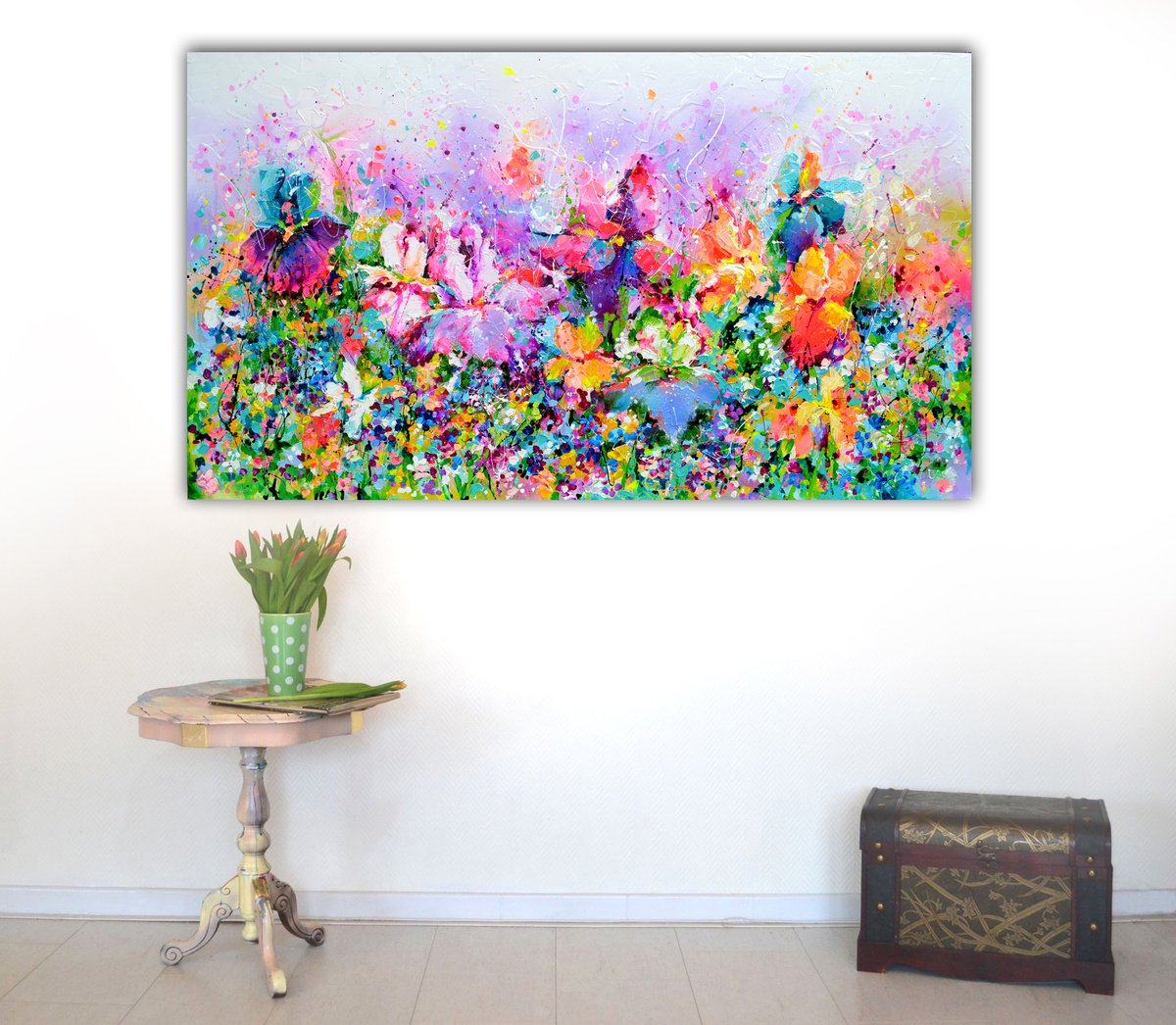 Impressionistic Botanical Acrylic Painting By Soos Roxana Gabriela, 55 X 31", Large Iris Flower Field, Original Artwork