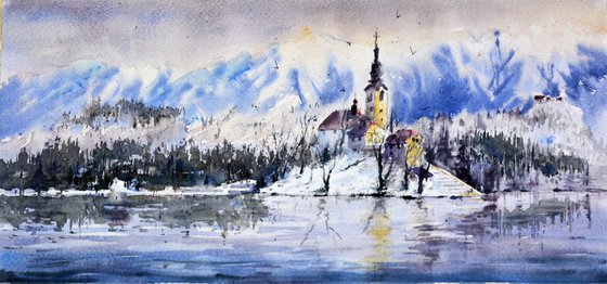 Bled Lake Slovenia #40 17x36cm 2022 smal drawing