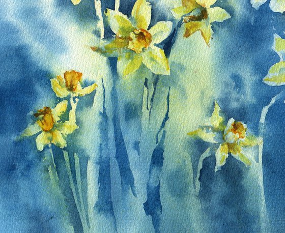 "Stars" - spring flowers daffodils on a contrasting background bright watercolor original artwork