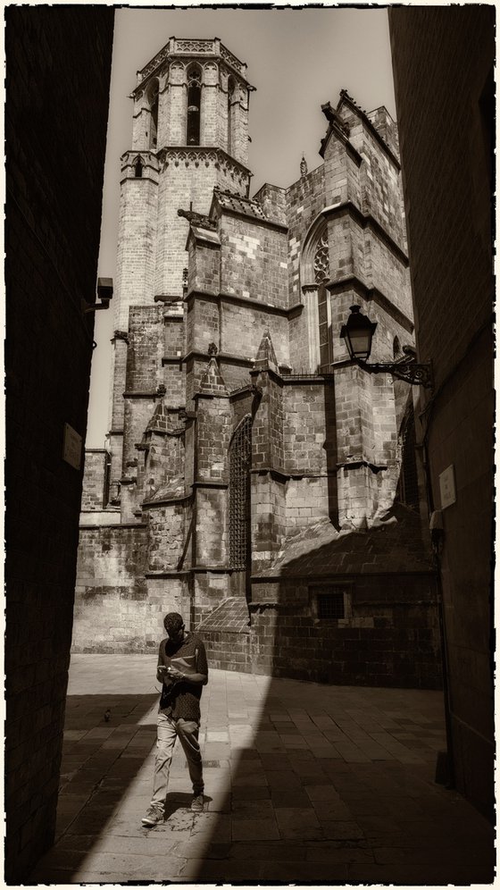 modernity against a cathedral backdrop