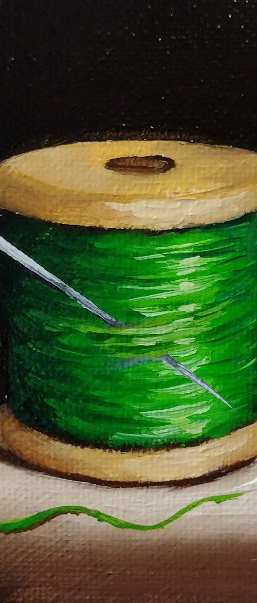 Little  green cotton reel  still life by Jane Palmer Art